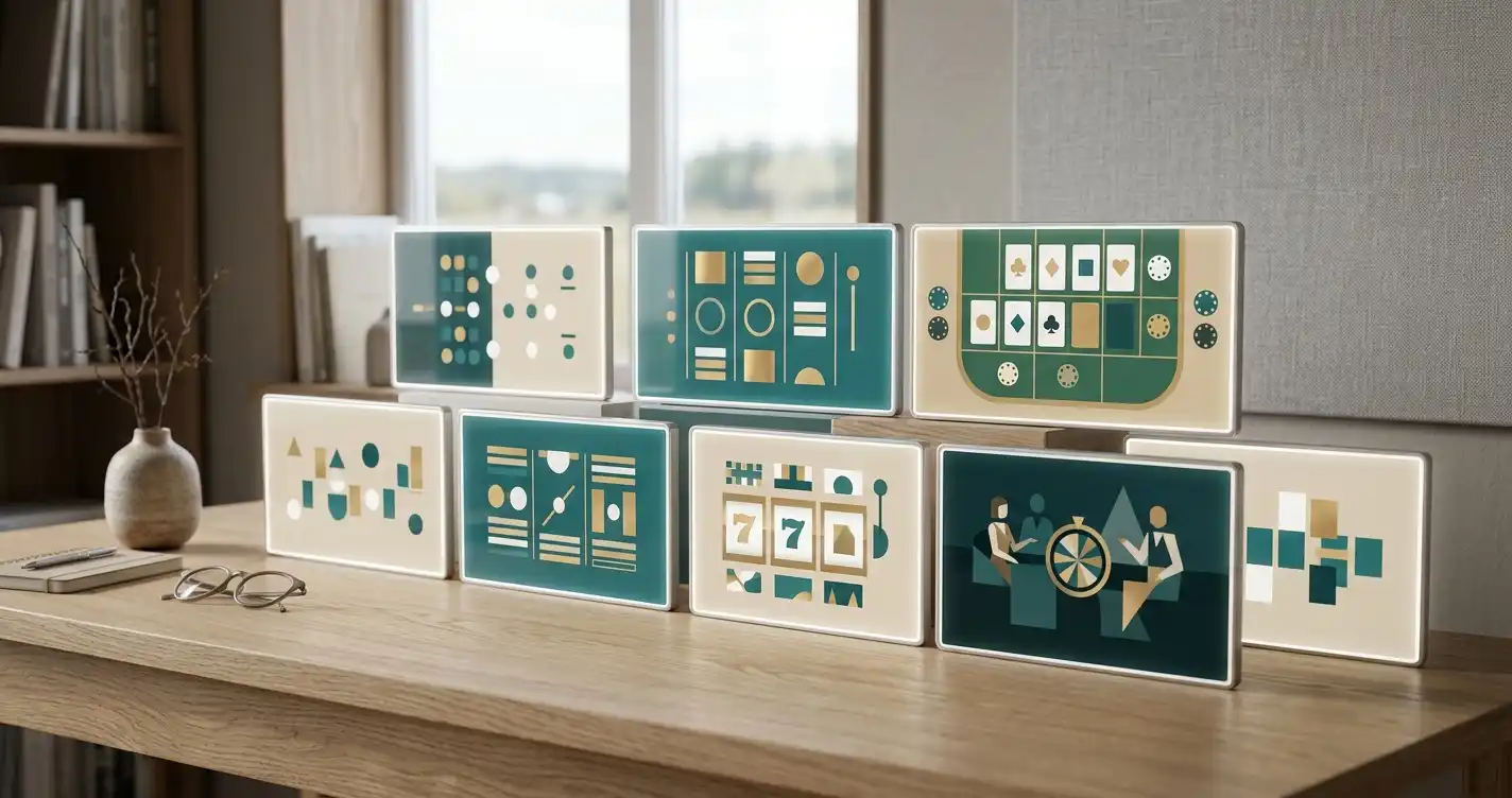 Ljusa skärmar med abstrakta spelrutor och olika färgade geometriska symboler