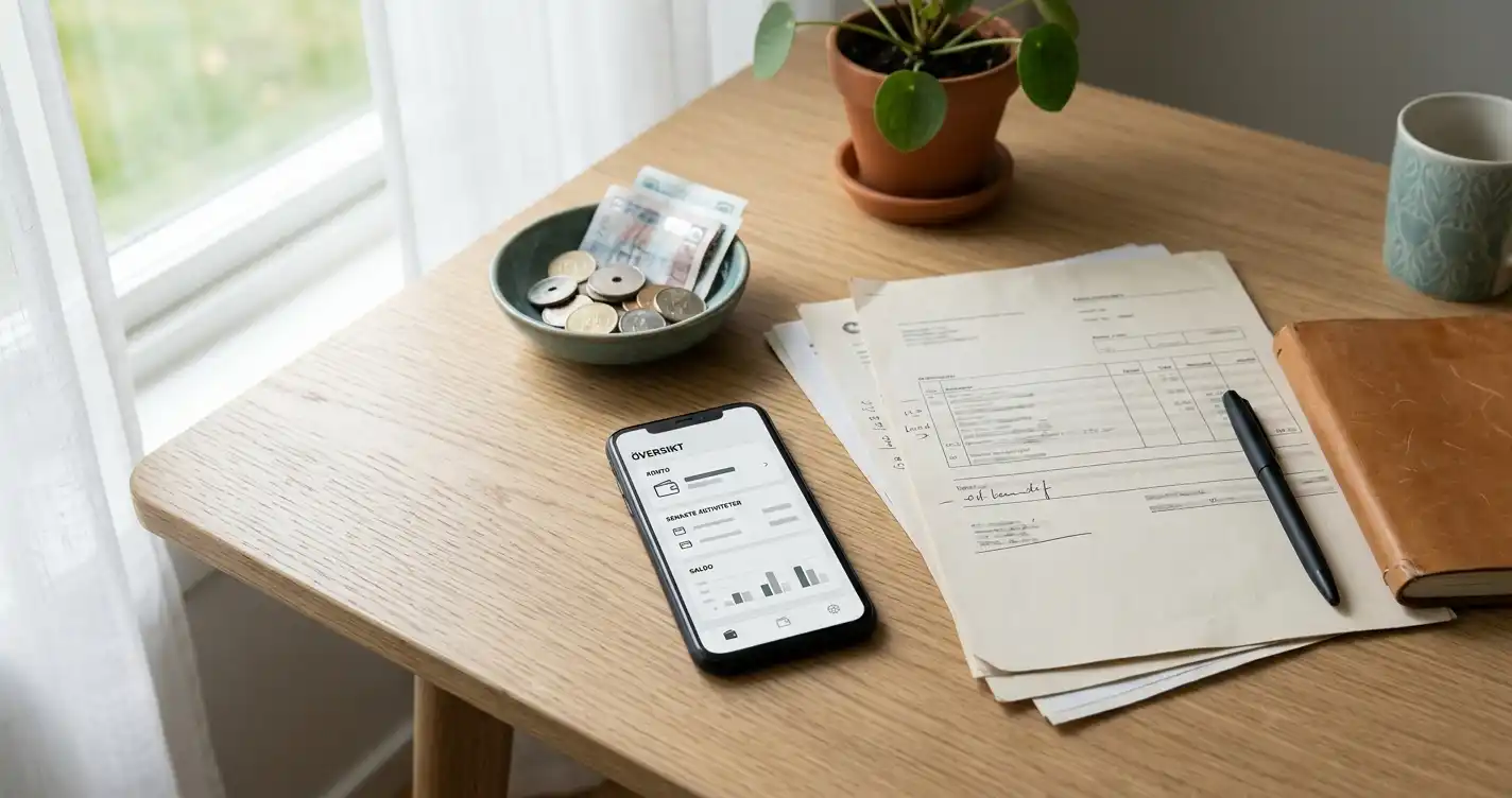 Mobiltelefon på skrivbord intill bankdokument och svenska mynt